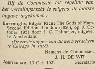 aanvraag
                  vertalingsrecht Gods of Mars 1921